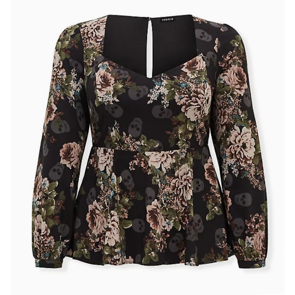 Torrid Peplum black floral and skull blouse size 6